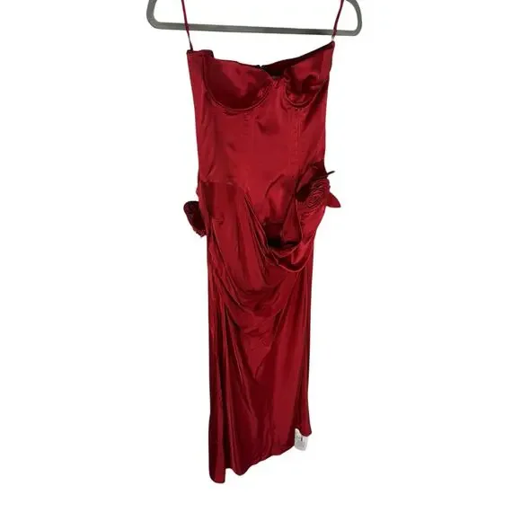 LPA Ilaria Corset Midi Dress Strapless Rosette Formal Party Elegant Red Size S